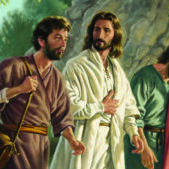 Jesus walking with 2 disciples on the road to Emmaus.